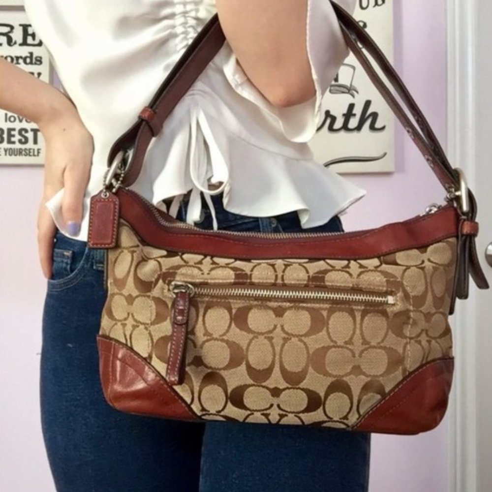 Coach Brown and Tan Signature Shoulder Bag